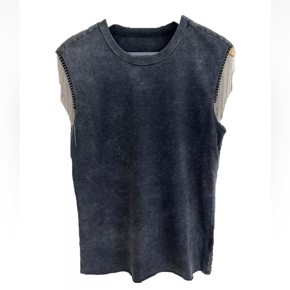 Silver Beaded Fringe Washed Black Grey Western T Shirt Tank Top NWOT Size M - Picture 3 of 9